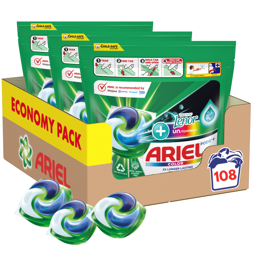 Ariel All-in-1 PODs + Unstoppables Lenor Washing Capsules, 108